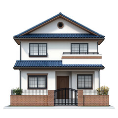 a two-story house with a blue tiled roof and a white facade it features multiple windows. a front door. and a small garden area enclosed by a brick wall and wrought iron gate. showcasing a modern arch