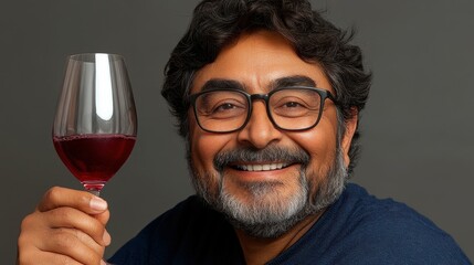 A cheerful man in casual attire enjoys a glass of red wine. He smiles warmly, creating a welcoming atmosphere during a joyful gathering with friends in a cozy space