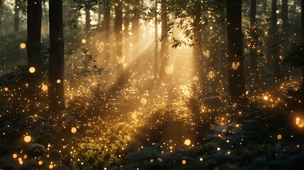 Obraz premium Magical forest at sunset with fireflies and butterflies.