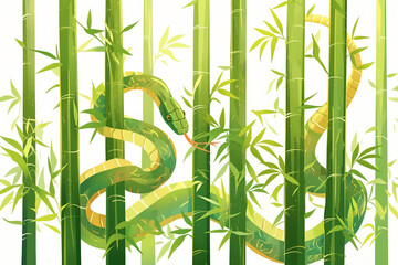 Obraz premium Illustration of a green snake weaving through lush bamboo forest creating a vibrant natural scene