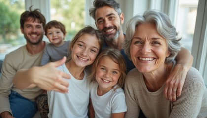 A cheerful family of six, including children and adults, smiles warmly at the camera, radiating happiness and togetherness. The scene is filled with natural light, highlighting their joyful
