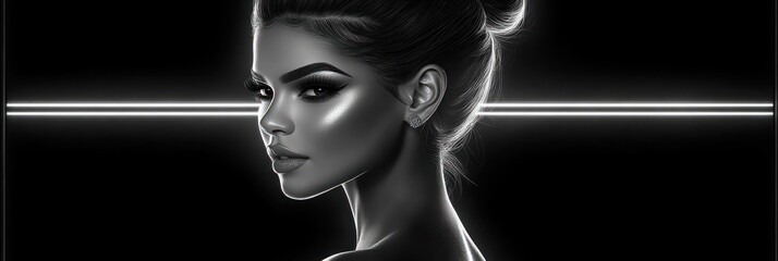 Monochrome portrait of a woman with a bun, illuminated by a bright horizontal line.