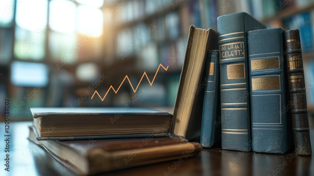 Poster knowledge growth: stack of vintage books in a library setting with an upward trending graph