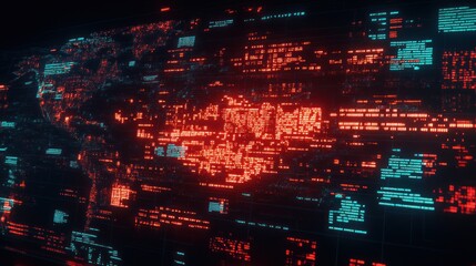 Obraz premium Futuristic digital world map with red and blue data streams.