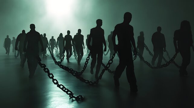 Chained figures walking in darkness; oppression concept