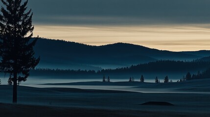 Misty sunrise over a valley with a lone pine tree.