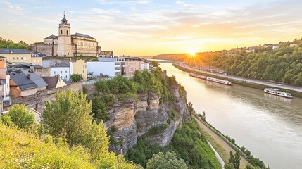 Fototapeta premium Sunset over river town with cliffside buildings and church.