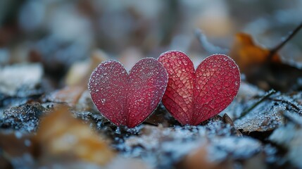 Fototapeta premium Two vibrant red hearts rest gently on the ground, symbolizing love and affection, ready to celebrate a romantic connection on Valentine's Day.