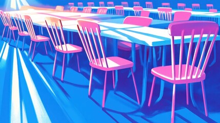 Obraz premium Sunlit room with rows of pink chairs and tables.