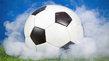 Soccer ball in smoke on grass, blue sky background.