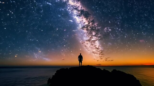 sunset looking silhouette alone sea standing way milky rock man stars milky way man star space sunset silhouette person lactic way sky galaxy night people fantasy seascape fine art book cover sea
