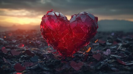 A shattered heart rests on the earth, silhouetted against a vibrant sunset, capturing the bittersweet essence of love and longing.