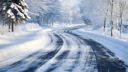 Fototapeta premium Winding snowy road through winter forest