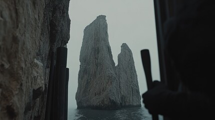Foggy sea view of a tall rock formation seen from a boat.