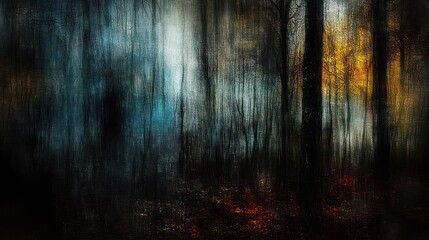 Enigmatic autumn forest scene with blurred trees, moody atmosphere, and fall foliage.