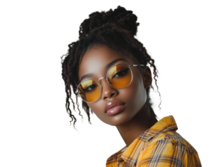 Young woman with stylish yellow sunglasses and plaid shirt poses confidently isolated on transparent background