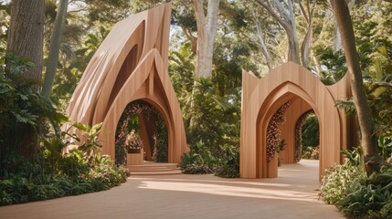 Fototapeta premium Wooden archways create a pathway through a lush garden.