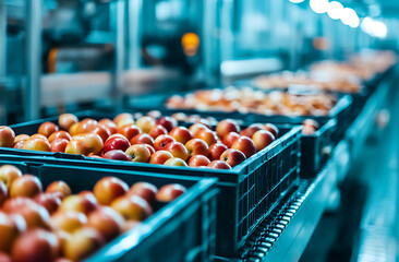 A conveyor belt with apples on it, inside an apple factory. Apples in a market.
