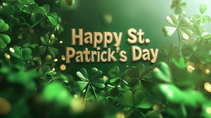 Happy St. Patricks Day glowing text on soft green gradient with decorative clovers for festive themes