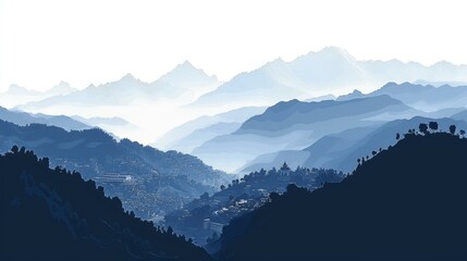  Misty mountain landscape at sunrise over Kathmandu Valley, Nepal with tranquil layers and serene atmosphere