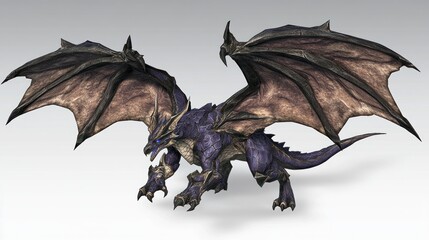 Fototapeta premium A majestic purple dragon with large, dark wings poised for flight against a neutral background.