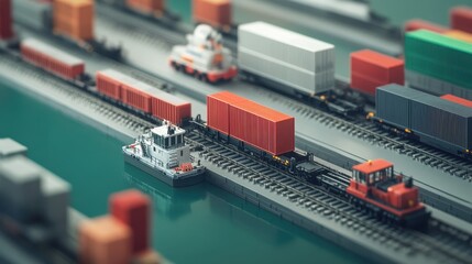 Fototapeta premium A time-lapse style image showing cargo transfer from ship to truck and train, seamless logistics integration 