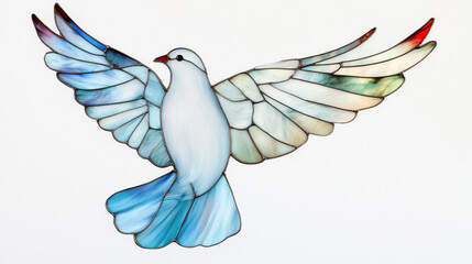Fototapeta premium A serene dove mid-flight, delicate stained-glass effects in white and pale blue tones, simplified yet elegant lines outlining the wings