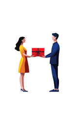 Obraz premium A man and woman exchange gifts, symbolizing connection and celebration. isolated on white background. Transparent background
