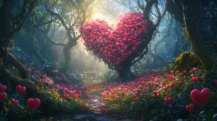 A magnificent heart-shaped tree stands proudly in a serene forest, its vibrant leaves whispering sweet nothings of love on this enchanting Valentine's Day.