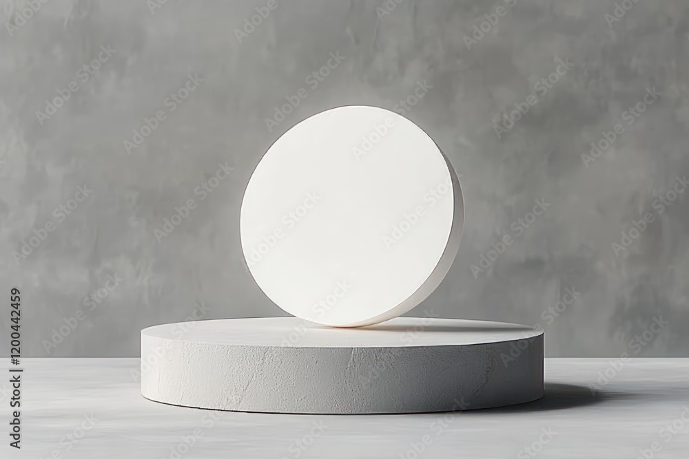 Poster minimalistic white disc display on soft gray background with ambient lighting for modern abstract ar