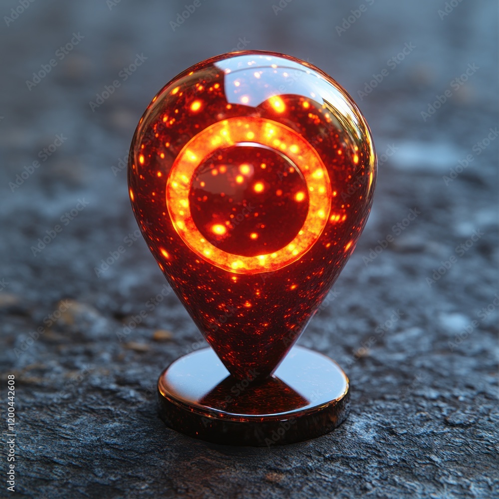 Poster 3d red location pin icon, gps map pointer symbol, glossy glass pointer with backlighting, directions