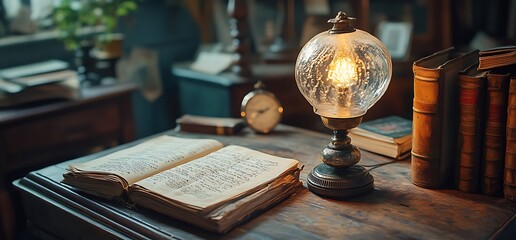 Open book, antique lamp, old books, study, desk