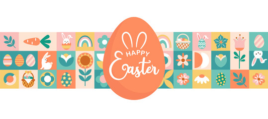 Geometric Happy Easter banner. Colorful simple illustrations and easter egg.