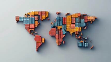 Obraz premium Abstract illustration of a world map made from shipping containers, symbolizing interconnected global logistics