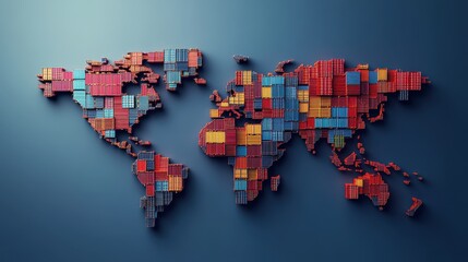 Abstract illustration of a world map made from shipping containers, symbolizing interconnected global logistics