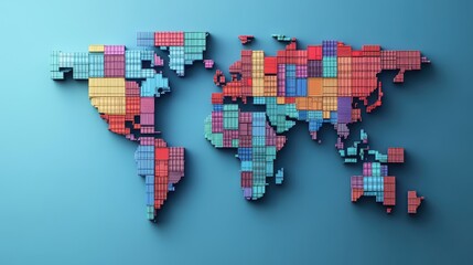 Abstract illustration of a world map made from shipping containers, symbolizing interconnected global logistics