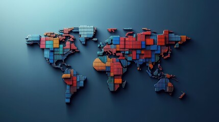 Abstract illustration of a world map made from shipping containers, symbolizing interconnected global logistics