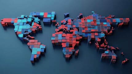 Abstract illustration of a world map made from shipping containers, symbolizing interconnected global logistics