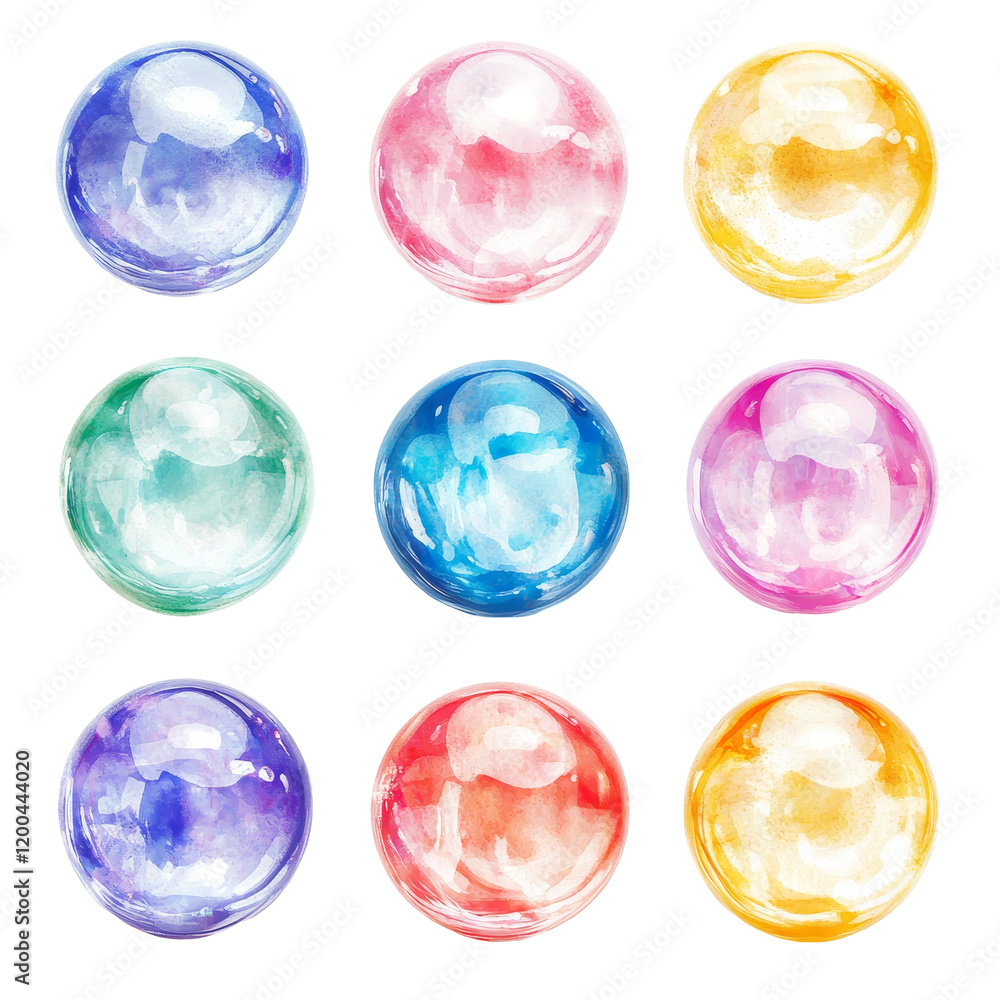 Poster colorful soap bubbles arranged in a 3x3 grid on a bright transparent background displaying vibrant h
