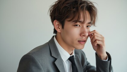 A stylish young Asian man in a tailored gray suit poses confidently, lightly touching his nose with a playful expression. His tousled hair and sharp features exude charm and sophistication, making