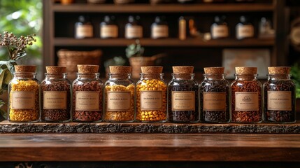 Spice Jars on Wooden Shelf in Warm Lighting