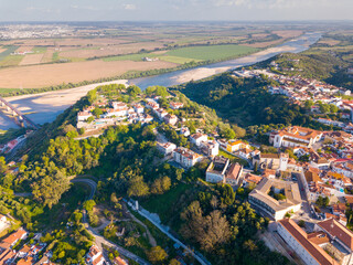 Aerial view of narrow streets and stone houses of Santarem, Portugal