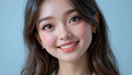 Obraz premium 3D Claymorphism Illustration of a Young Woman with Pastel Hair, Radiant Smile, and Plain Hoodie on a Minimal Background