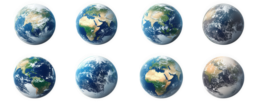 eight representations of earth. arranged in a grid format each globe showcases different perspectives and textures of the planet. emphasizing its diverse landscapes and oceans the purpose may be to il
