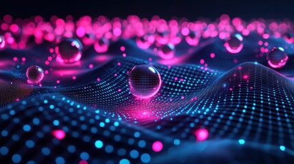Abstract Digital Landscape: Neon Spheres and Glowing Grid