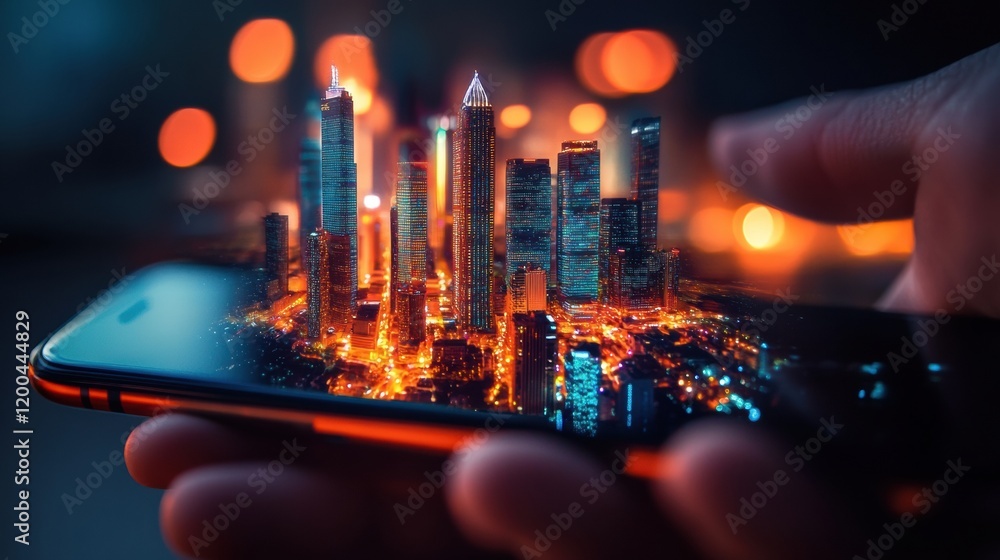 Poster tiny cityscape emerges from a glowing smartphone screen in a night setting. generative ai