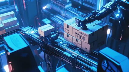 An autonomous robot loading boxes onto a conveyor belt in a high-tech warehouse, automation in logistics