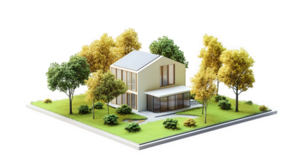 a modern architectural model of a house surrounded by greenery. featuring a minimalist design with large windows and a sloped roof the landscape includes trees and shrubs. creating a serene environmen