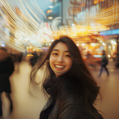 portrait of a young adult asian woman standing in the middle of a  busy city square during the day