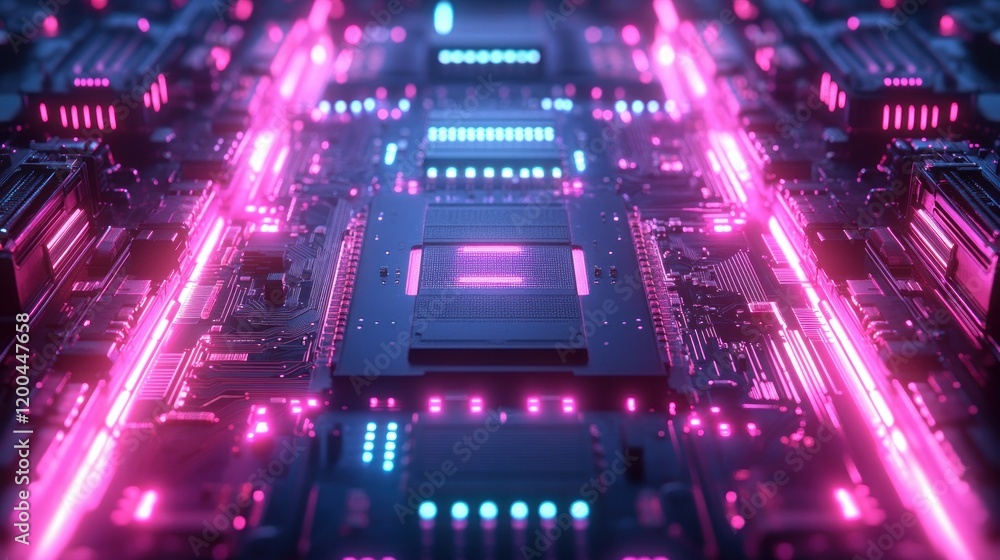 Aufkleber futuristic microchip processor illuminated with neon lights in cyberpunk style